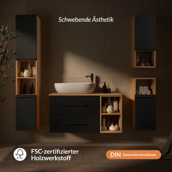 LUX Vanity Cabinet with Shelf, 100 cm, Gold Oak / Anthracite, with White Countertop Sink