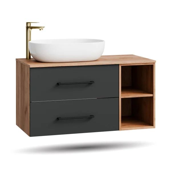 LUX Vanity Cabinet with Shelf, 100 cm, Gold Oak / Anthracite, with White Countertop Sink
