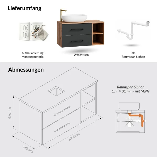 LUX Vanity Cabinet with Shelf, 100 cm, Gold Oak / Anthracite, with White Countertop Sink
