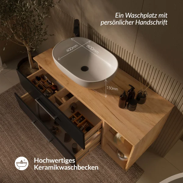 Mueble de lavabo LUX con estante, 120 cm, roble dorado / antracita, con lavabo sobre encimera blanco