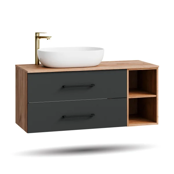 Mueble de lavabo LUX con estante, 120 cm, roble dorado / antracita, con lavabo sobre encimera blanco