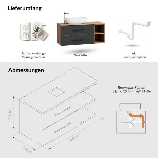 Mueble de lavabo LUX con estante, 120 cm, roble dorado / antracita, con lavabo sobre encimera blanco