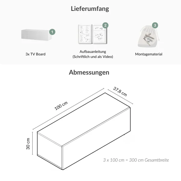 TV Board WEST weiß 300 cm (3 x 100 cm)