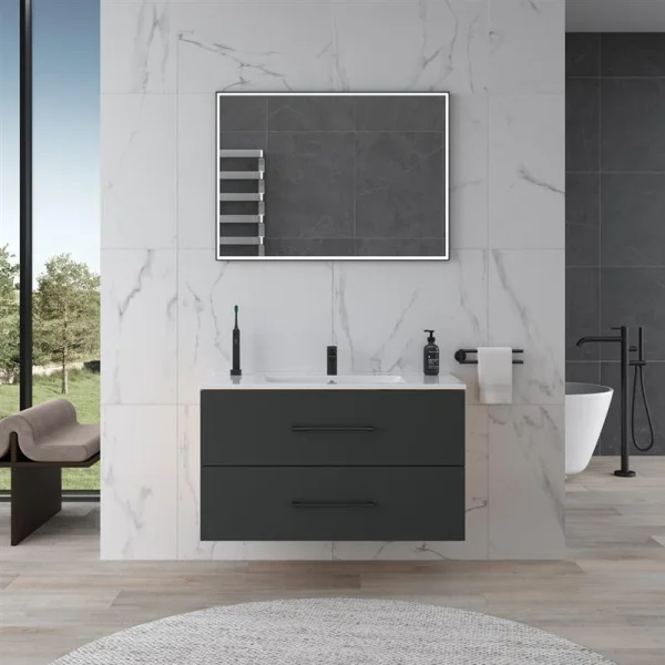 Meuble sous-vasque LUX 90 cm, chêne doré / anthracite, avec vasque encastrée