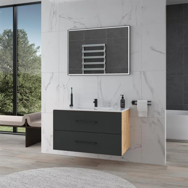 Meuble sous-vasque LUX 90 cm, chêne doré / anthracite, avec vasque encastrée