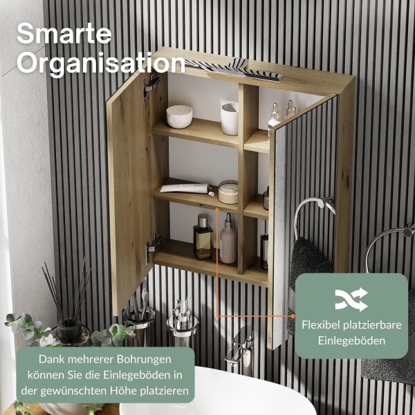 Spiegelschrank Merkur, artizan eiche, 60 cm, mit LED-Leuchte in chrom