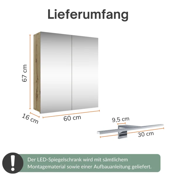 Spiegelschrank Merkur, artizan eiche, 60 cm, mit LED-Leuchte in chrom
