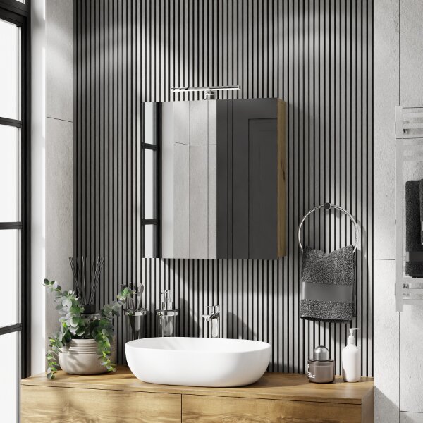 Spiegelschrank Merkur, artizan eiche, 60 cm, mit LED-Leuchte in chrom