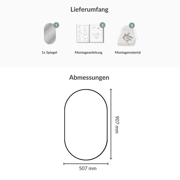 Spiegel oval – 50×90 cm, rahmenlos & ohne LED