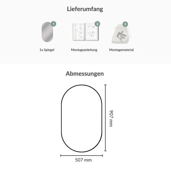Spiegel oval – 50×90 cm, rahmenlos & ohne LED