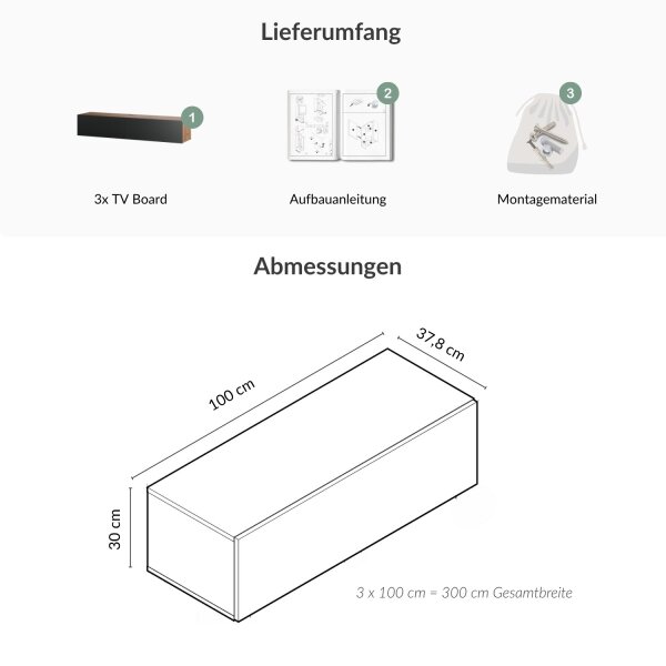 TV Board WEST Gold Eiche / Anthrazit 300 cm (3 x 100 cm)