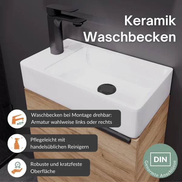 Waschbeckenunterschrank 40cm Gold Eiche mit Armatur schwarz