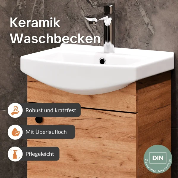 Waschtischunterschrank 45 cm (Gold Eiche) mit Armatur in Chrom
