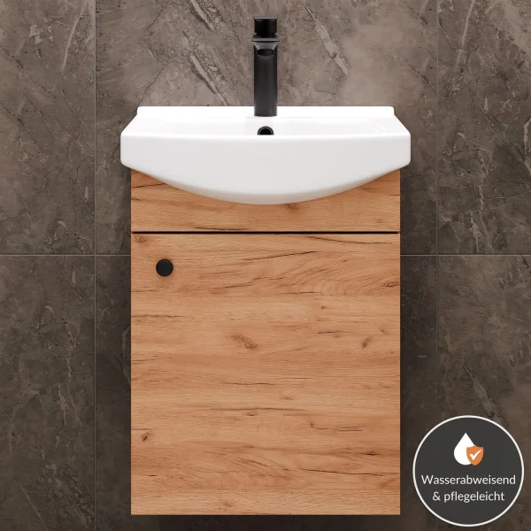 Waschtischunterschrank 45 cm (Gold Eiche) mit Armatur in Schwarz