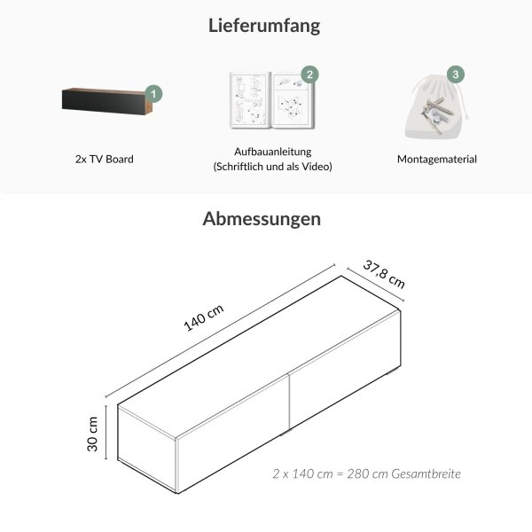 TV Board WEST Gold Eiche / Anthrazit 280 cm (2 x 140 cm)