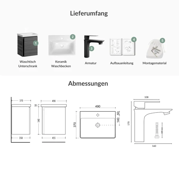 Waschtischunterschrank 50 cm Anthrazit mit Armatur Schwarz