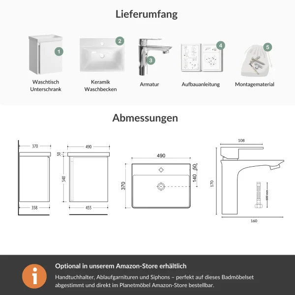 Waschtischunterschrank 50 cm weiß mit Armatur Chrom