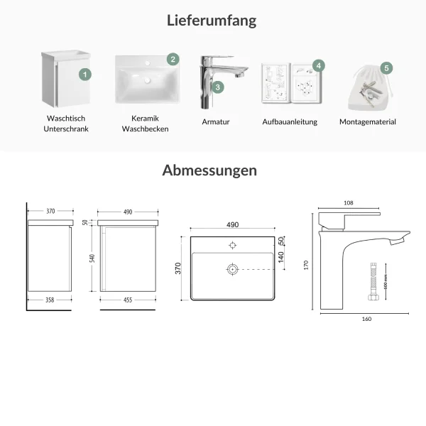 Waschtischunterschrank 50 cm weiß mit Armatur Chrom