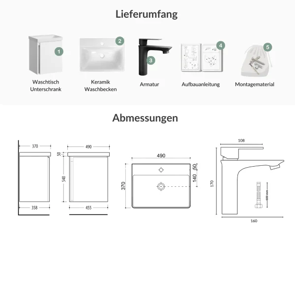 Waschtischunterschrank 50 cm weiß mit Armatur Schwarz