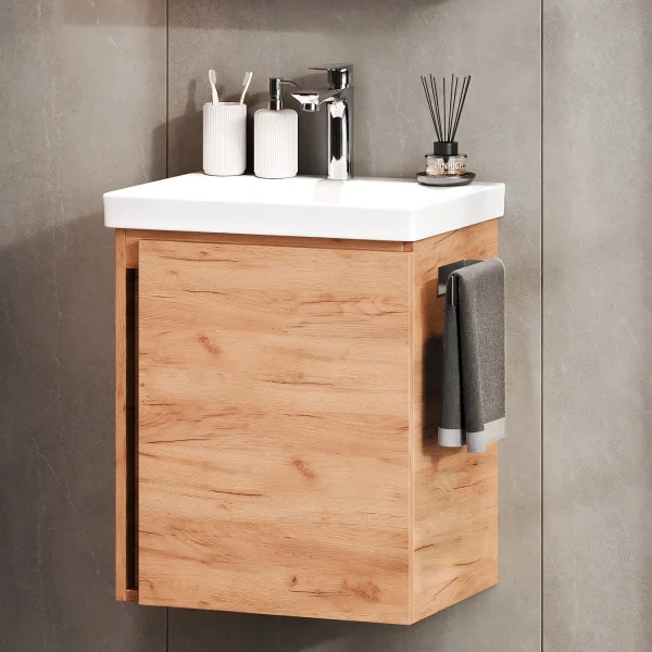 Mobile sottolavabo da 50 cm in rovere dorato con rubinetteria cromata
