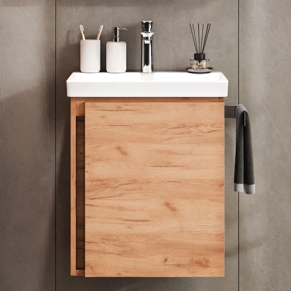 Mobile sottolavabo da 50 cm in rovere dorato con rubinetteria cromata