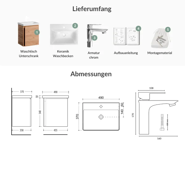 Mobile sottolavabo da 50 cm in rovere dorato con rubinetteria cromata