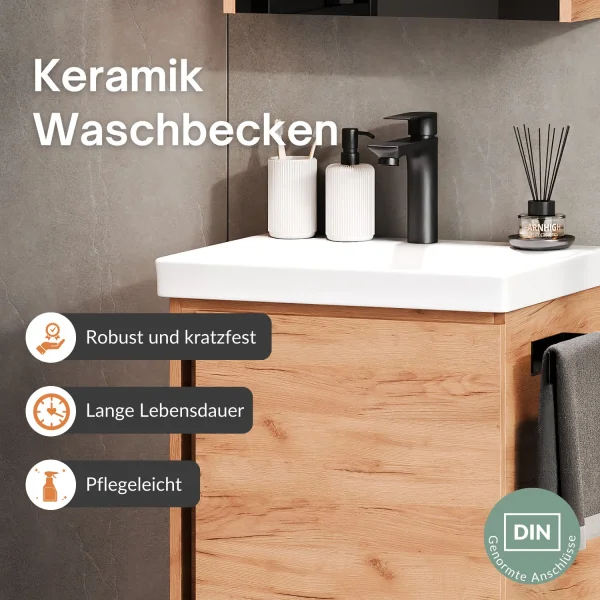 Waschtischunterschrank 50 cm Gold Eiche mit Armatur Schwarz