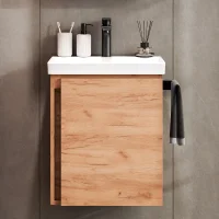 Waschtischunterschrank 50 cm Gold Eiche mit Armatur Schwarz