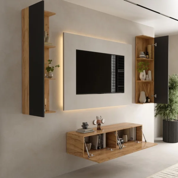 TV Wohnwand (3-teilig) aus 1x TV Board und 2x Seitenschrank, 140 cm Gold Eiche