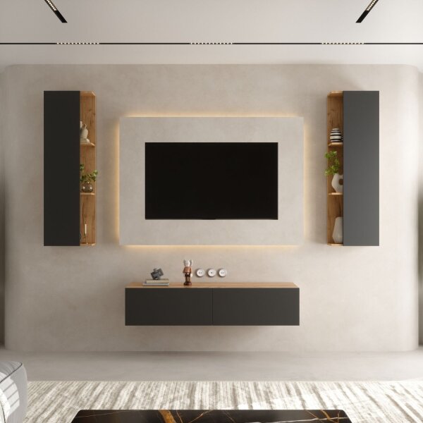 TV Wohnwand Set – 140 cm Gold Eiche / Anthrazit