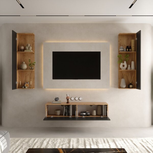TV Wohnwand Set – 140 cm Gold Eiche / Anthrazit