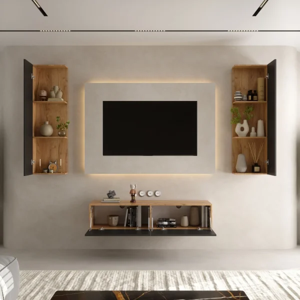TV Wall Unit Set – 140 cm Gold Oak / Anthracite