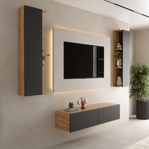 TV Wohnwand Set – 140 cm Gold Eiche / Anthrazit