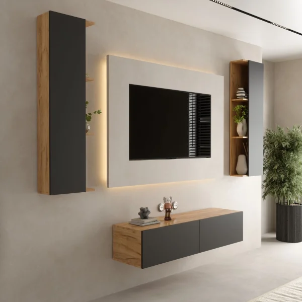 TV Wall Unit Set – 140 cm Gold Oak / Anthracite