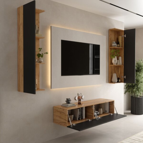 TV Wohnwand Set – 140 cm Gold Eiche / Anthrazit