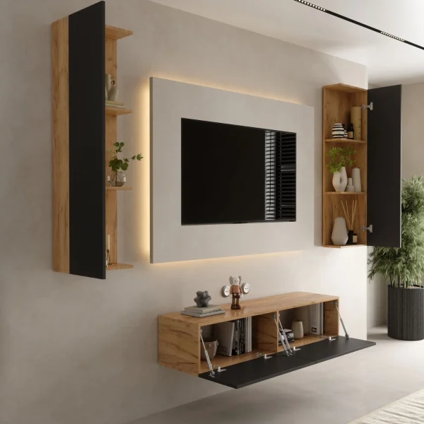 TV Wall Unit Set – 140 cm Gold Oak / Anthracite