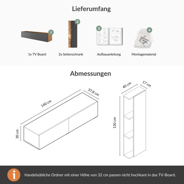 TV Wohnwand Set – 140 cm Gold Eiche / Anthrazit