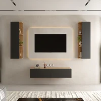 TV Wohnwand Set – 140 cm Gold Eiche / Anthrazit