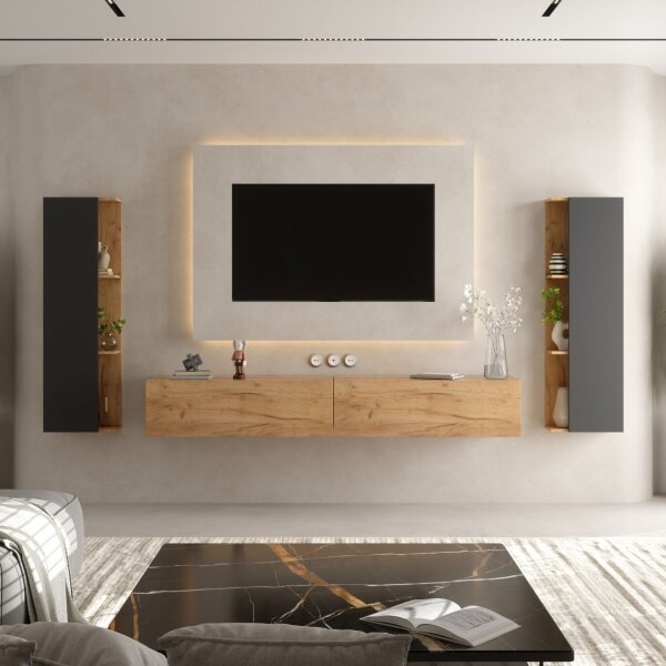 Planetmöbel TV-Lowboard-Set – 200 cm Gold Eiche, hängend mit 2 Seitenschränken