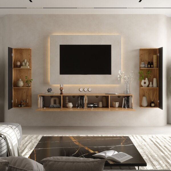 Planetmöbel TV-Lowboard-Set – 200 cm Gold Eiche, hängend mit 2 Seitenschränken