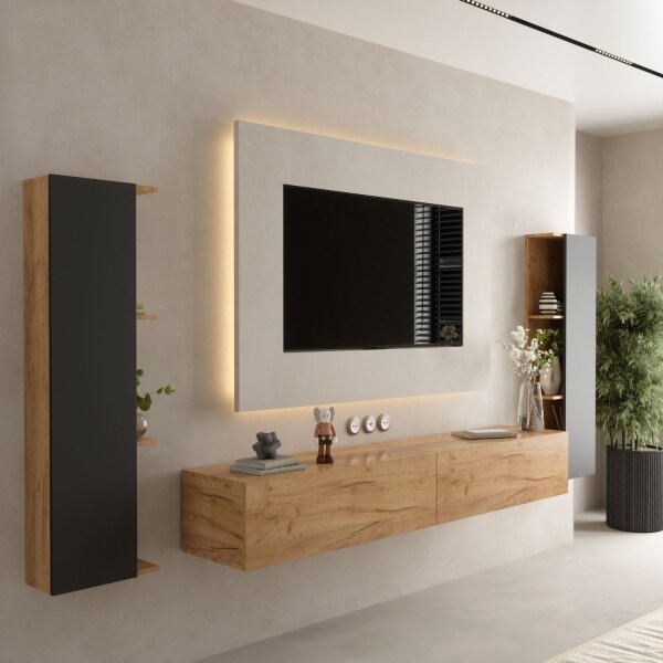 Planetmöbel TV-Lowboard-Set – 200 cm Gold Eiche, hängend mit 2 Seitenschränken