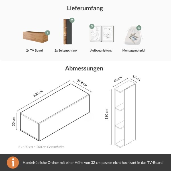 Planetmöbel TV-Lowboard-Set – 200 cm Gold Eiche, hängend mit 2 Seitenschränken