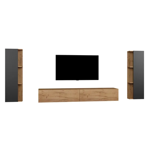 Planetmöbel TV Lowboard Set – 200 cm Gold Oak, wall-mounted with 2 side cabinets