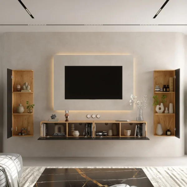 TV Wohnwand – 200 cm Gold Eiche/Anthrazit