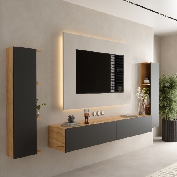 TV Wohnwand – 200 cm Gold Eiche/Anthrazit