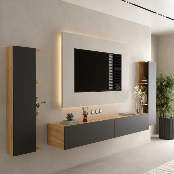 TV Wohnwand – 200 cm Gold Eiche/Anthrazit