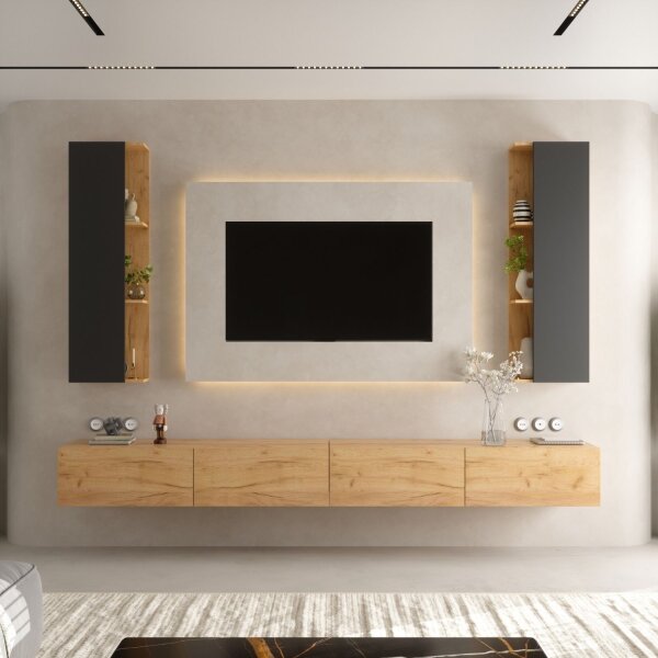 Planetmöbel WEST TV Wohnwand (4-teilig) – 280 cm Gold Eiche