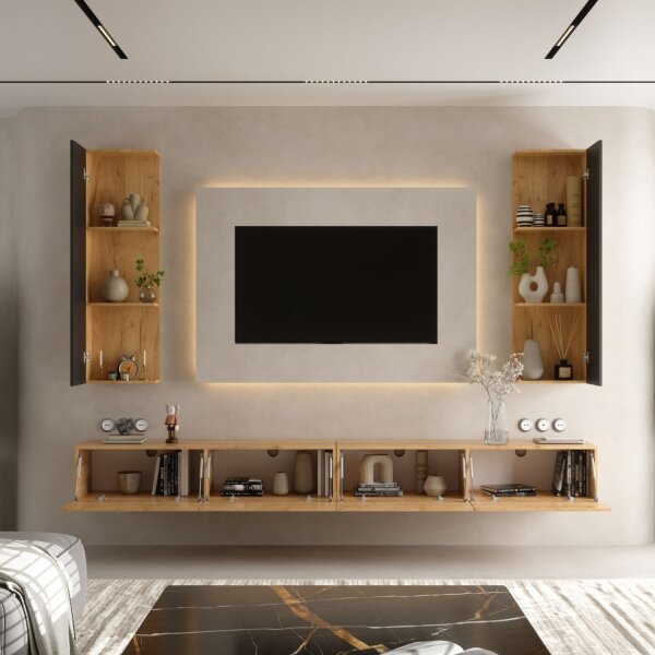 Planetmöbel WEST TV Wohnwand (4-teilig) – 280 cm Gold Eiche