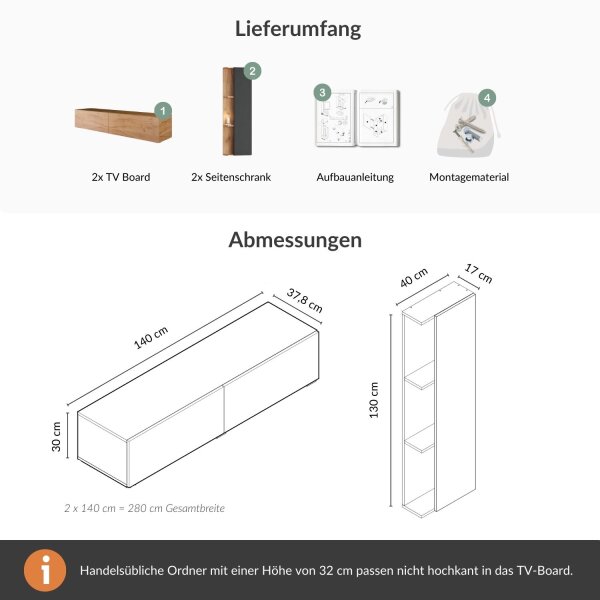 Planetmöbel WEST TV Wohnwand (4-teilig) – 280 cm Gold Eiche
