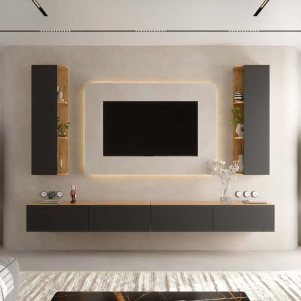 TV living wall (4-piece) consisting of 2x TV boards and 2x side cabinets, 280 cm gold oak / anthracite